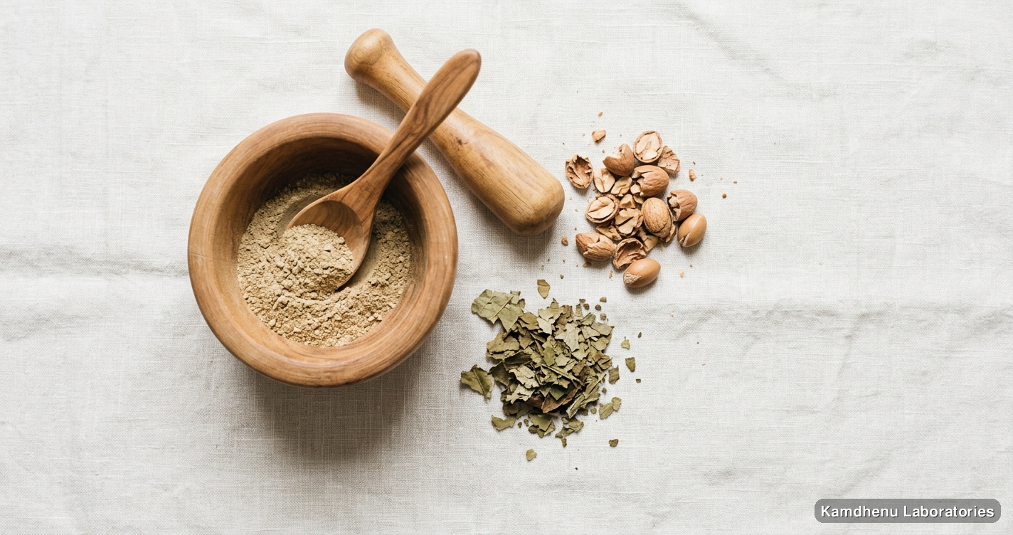 Aam Guthli Magaj Powder — Ayurvedic powder. Clean product photograph on a soft light background.