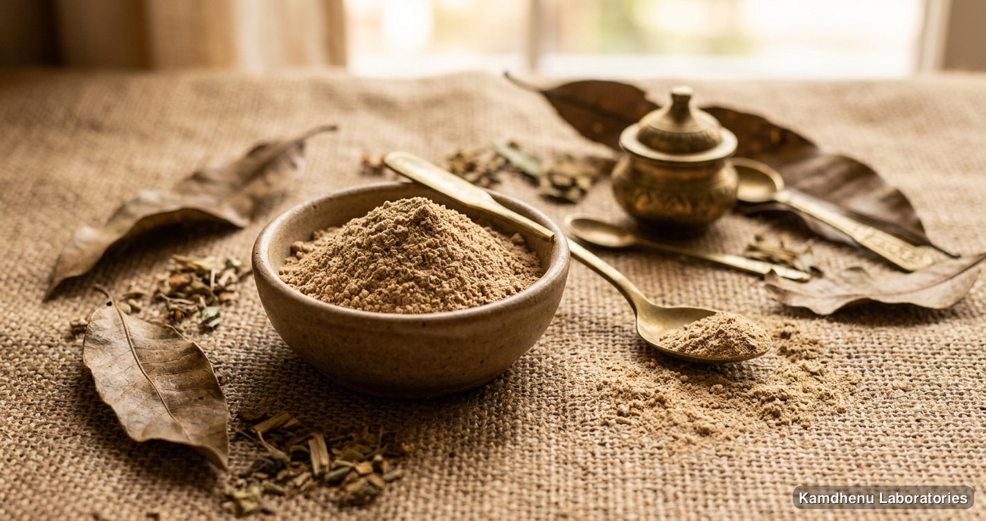 Ayurvedic powder — Aam Guthli Magaj Powder, photographed in a wellness setting