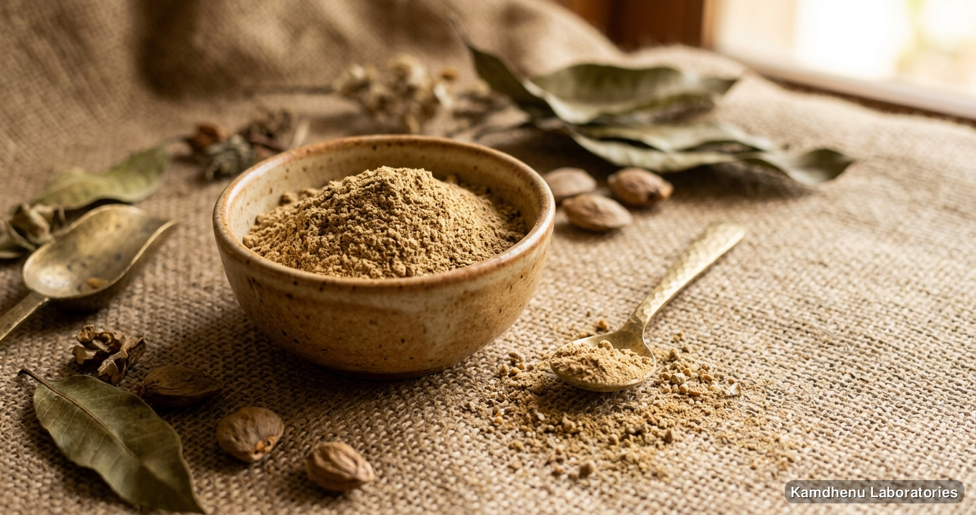 Ayurvedic powder — Aam Guthli Magaj Powder, photographed in a wellness setting