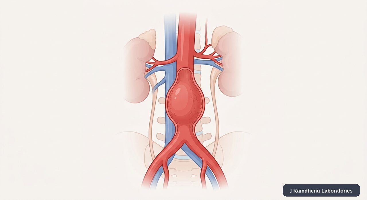 Editorial illustration representing Abdominal aortic aneurysm for the Kamdhenu Laboratories educational wellness blog.
