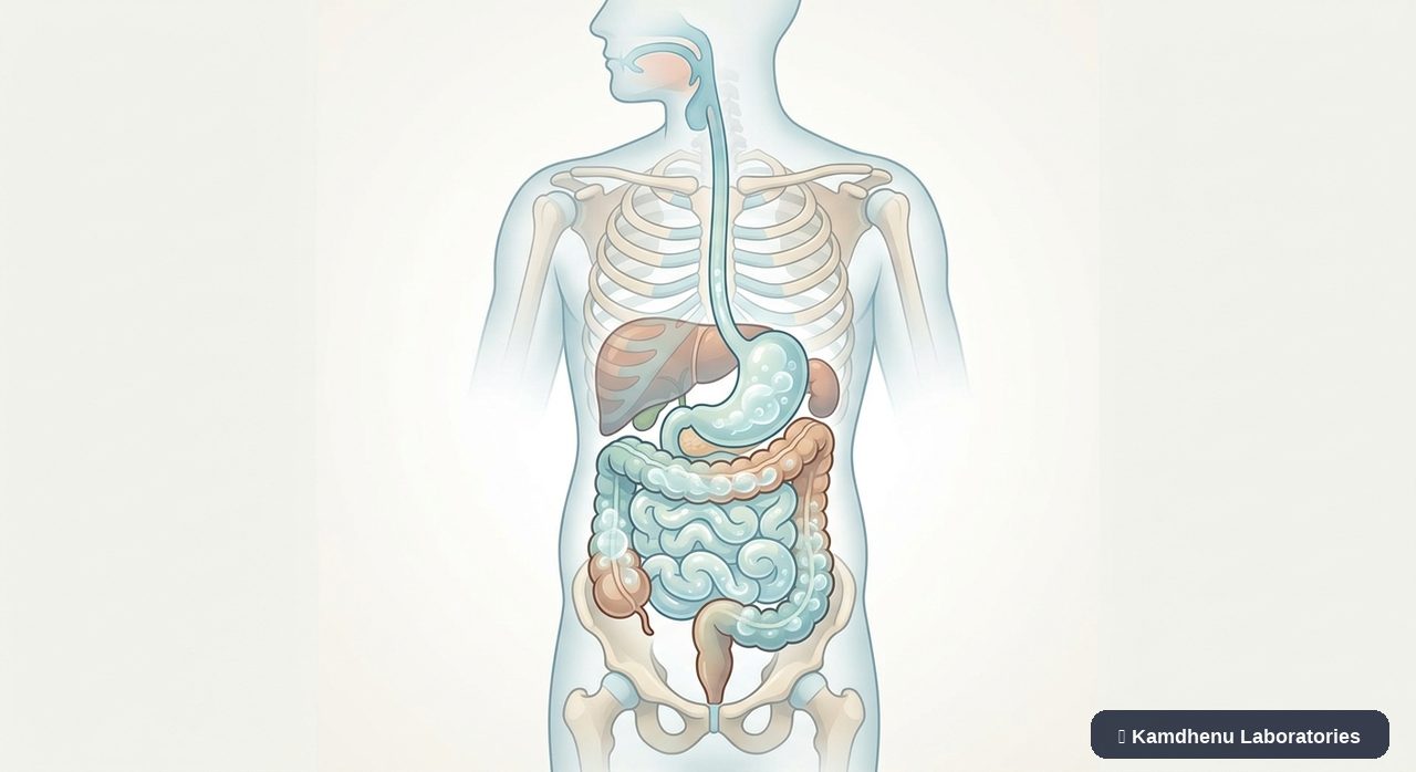 Editorial illustration representing Abdominal bloating for the Kamdhenu Laboratories educational wellness blog.