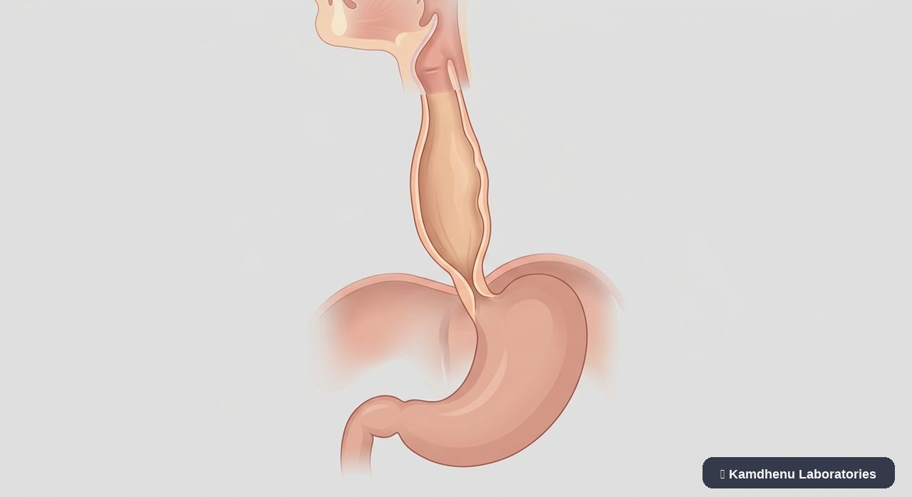 Editorial illustration representing Achalasia for the Kamdhenu Laboratories educational wellness blog.