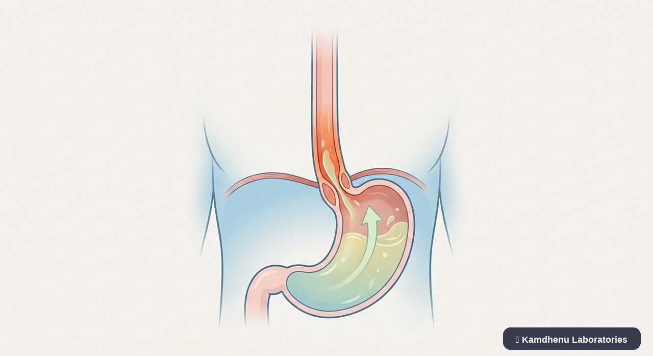 Editorial illustration representing Acid reflux (GERD) for the Kamdhenu Laboratories educational wellness blog.