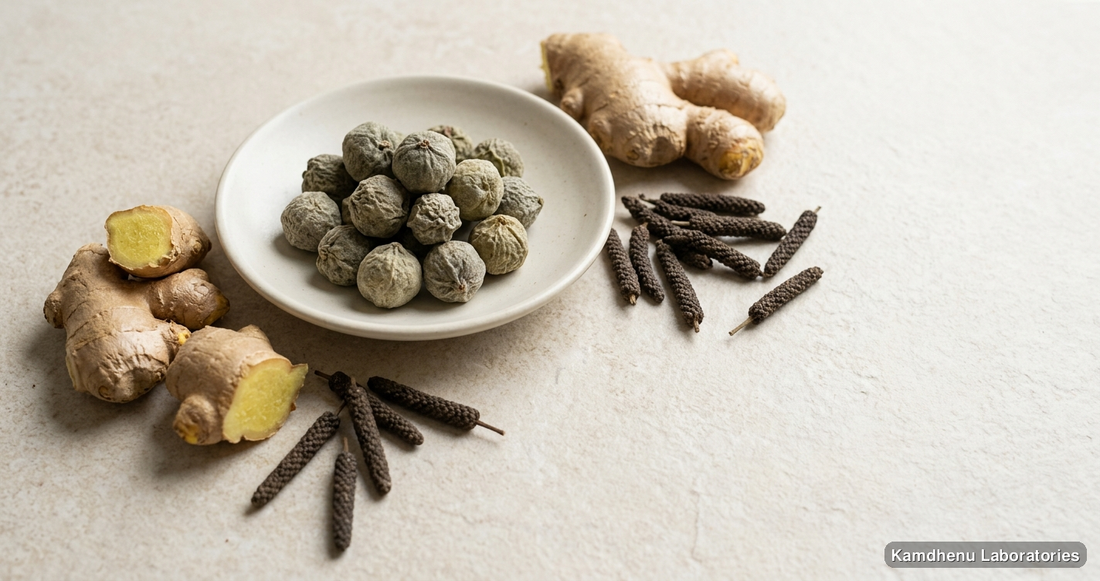 Acidity and Constipation Relief Kit — Ayurvedic product containing amla, ginger, long pepper. Clean product photograph on a soft light background.
