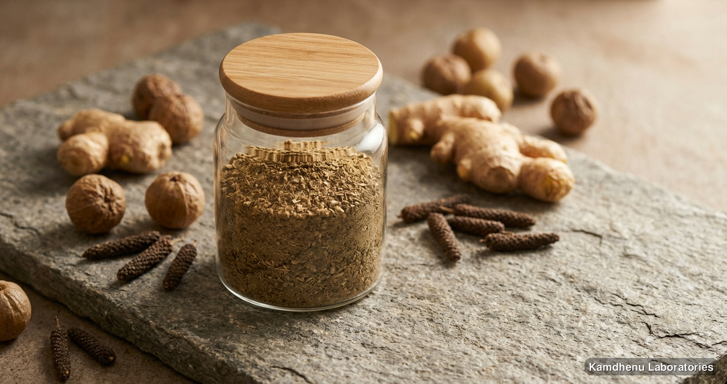 Ayurvedic product — Acidity and Constipation Relief Kit featuring amla, ginger, long pepper, photographed in a wellness setting