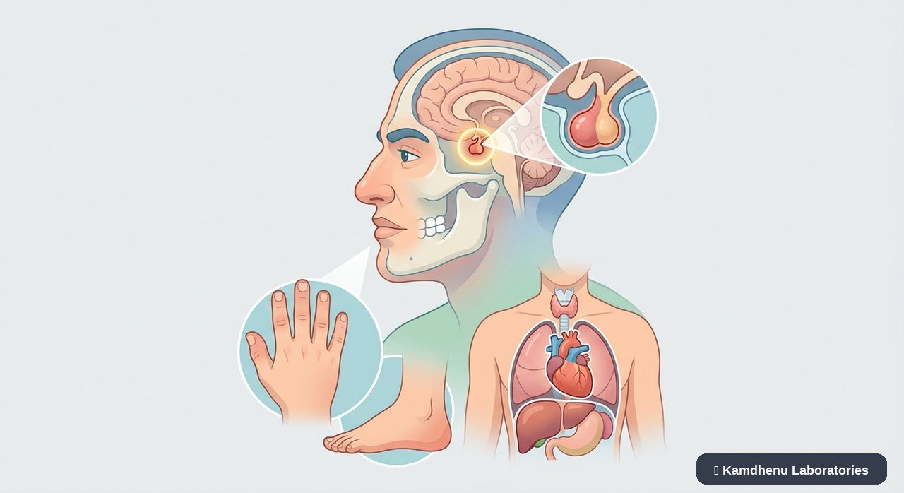 Editorial illustration representing Acromegaly for the Kamdhenu Laboratories educational wellness blog.