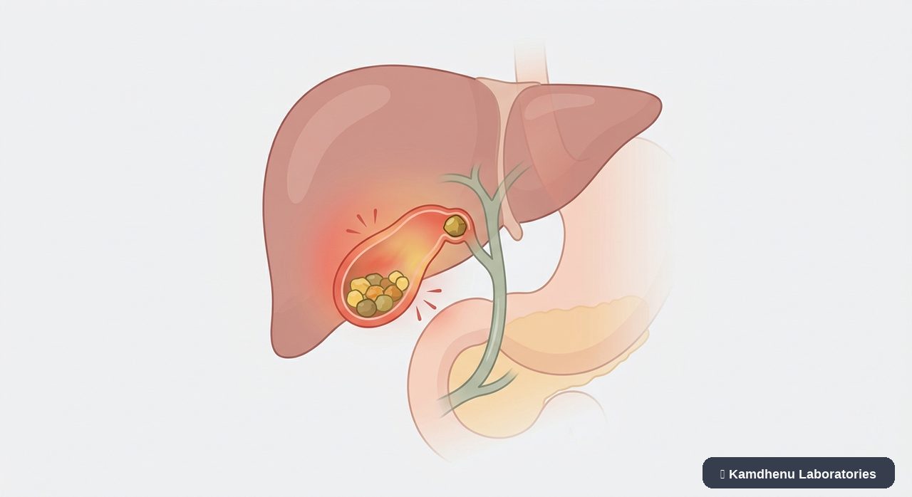 Editorial illustration representing Acute cholecystitis for the Kamdhenu Laboratories educational wellness blog.