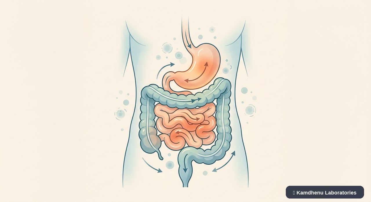 Editorial illustration representing Acute gastroenteritis for the Kamdhenu Laboratories educational wellness blog.