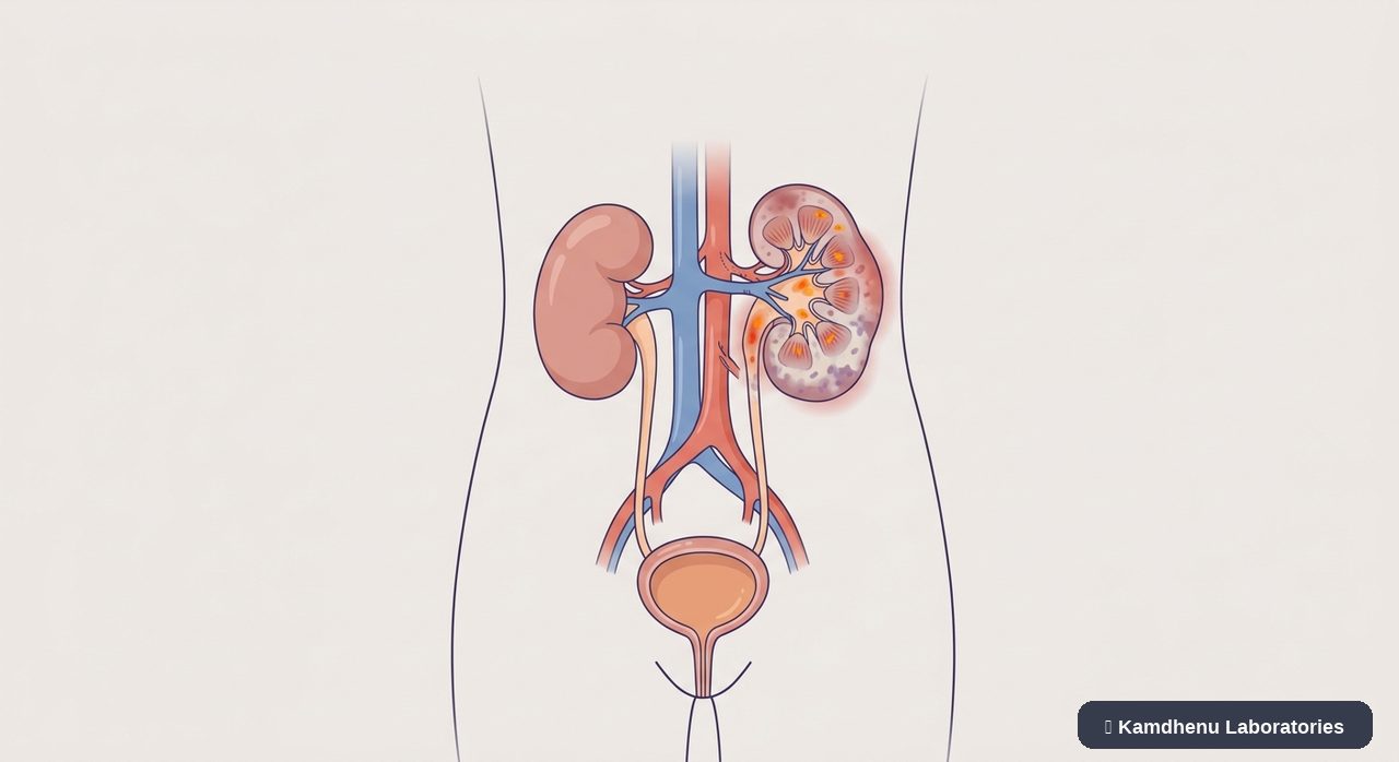 Editorial illustration representing Acute kidney injury for the Kamdhenu Laboratories educational wellness blog.