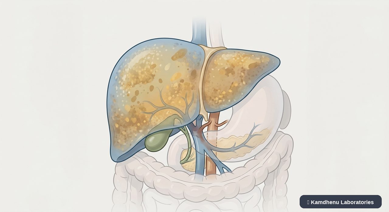Editorial illustration representing Acute liver failure for the Kamdhenu Laboratories educational wellness blog.