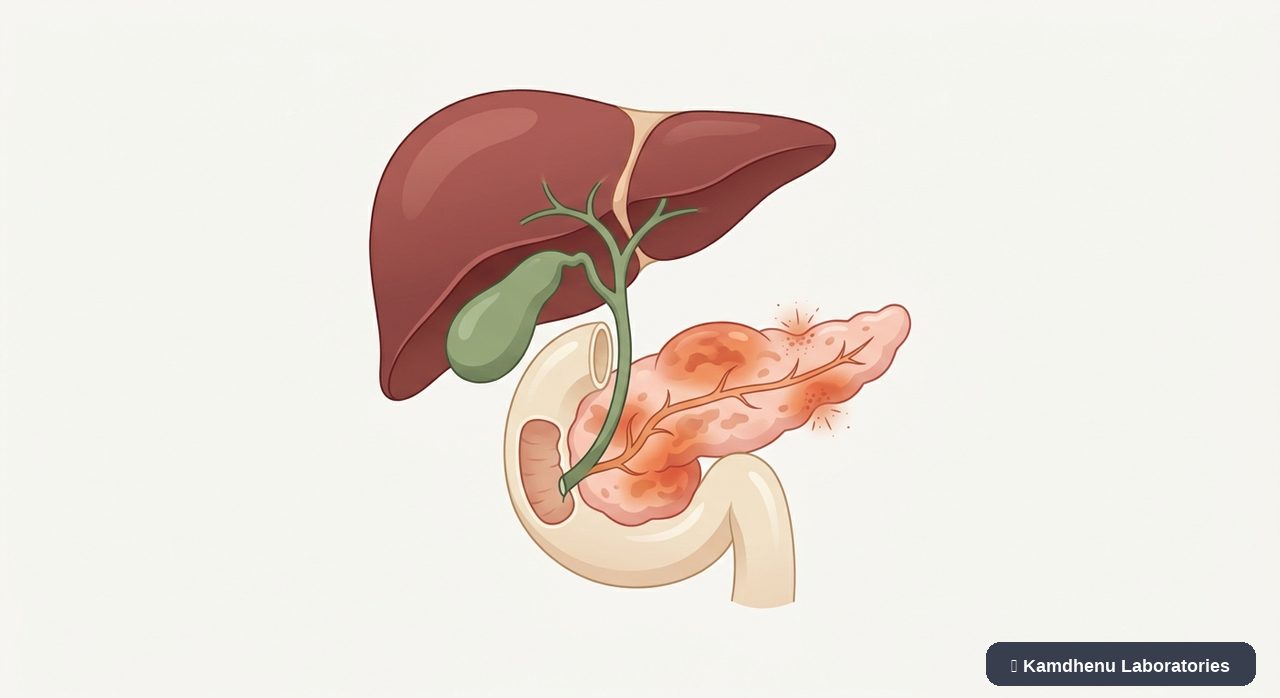 Editorial illustration representing Acute pancreatitis for the Kamdhenu Laboratories educational wellness blog.