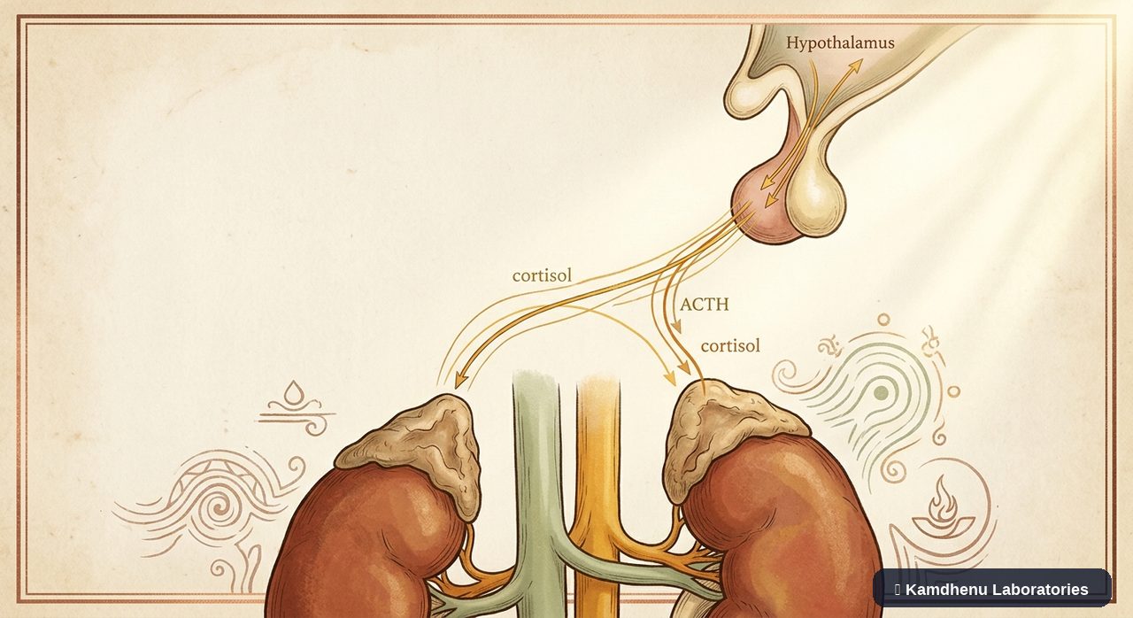 Editorial illustration representing Adrenal insufficiency for the Kamdhenu Laboratories educational wellness blog.