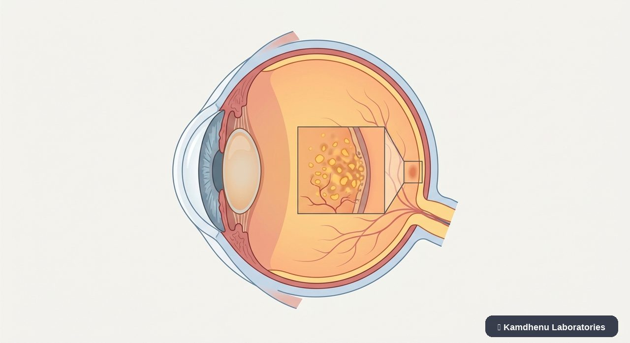 Editorial illustration representing Age-related macular degeneration for the Kamdhenu Laboratories educational wellness blog.