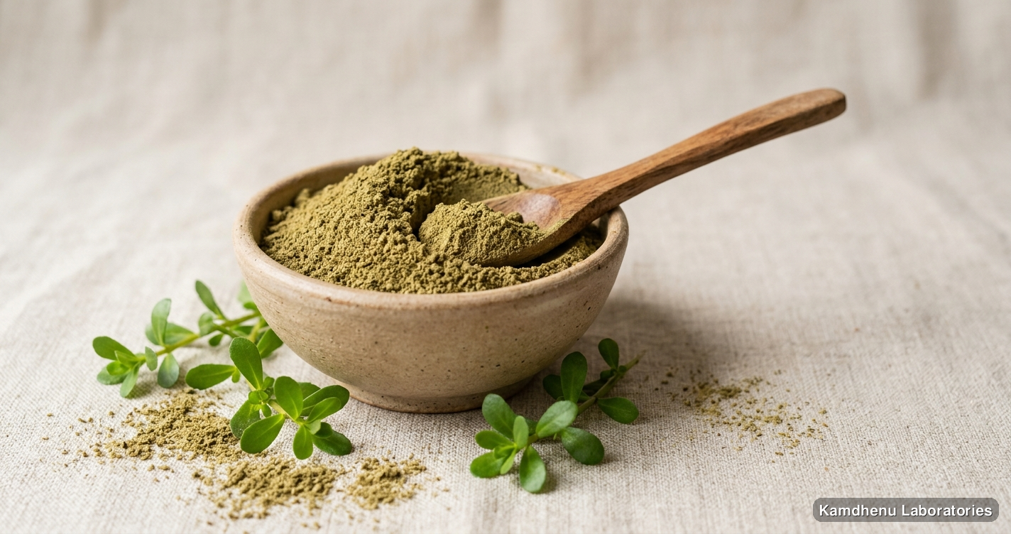 Ayurvedic powder — Ajmodadi Ayurvedic Churna featuring brahmi, photographed in a wellness setting