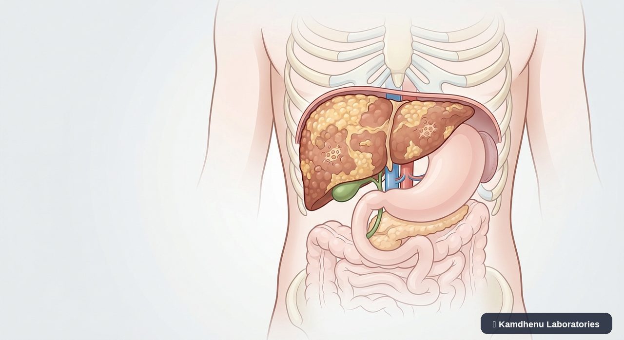 Editorial illustration representing Alcohol-related liver disease for the Kamdhenu Laboratories educational wellness blog.