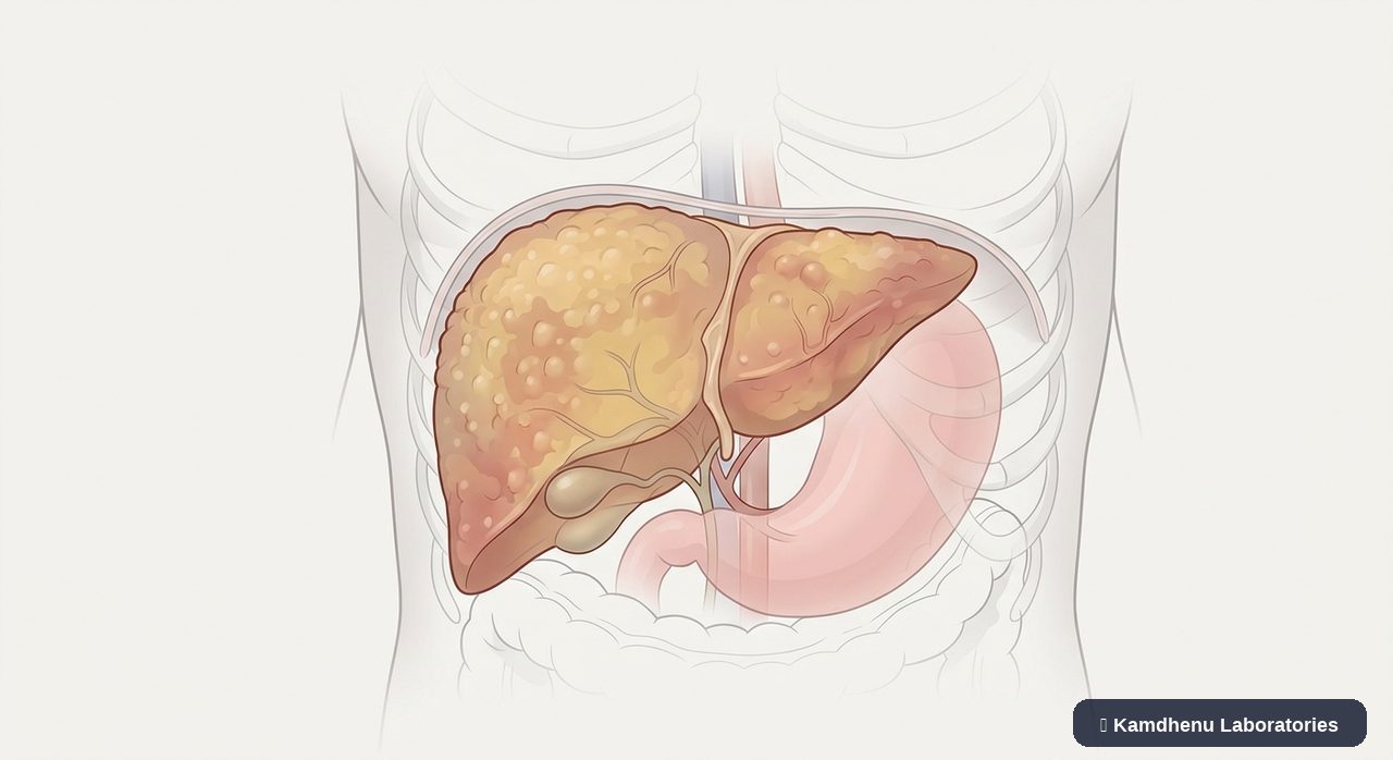 Editorial illustration representing Alcoholic hepatitis for the Kamdhenu Laboratories educational wellness blog.