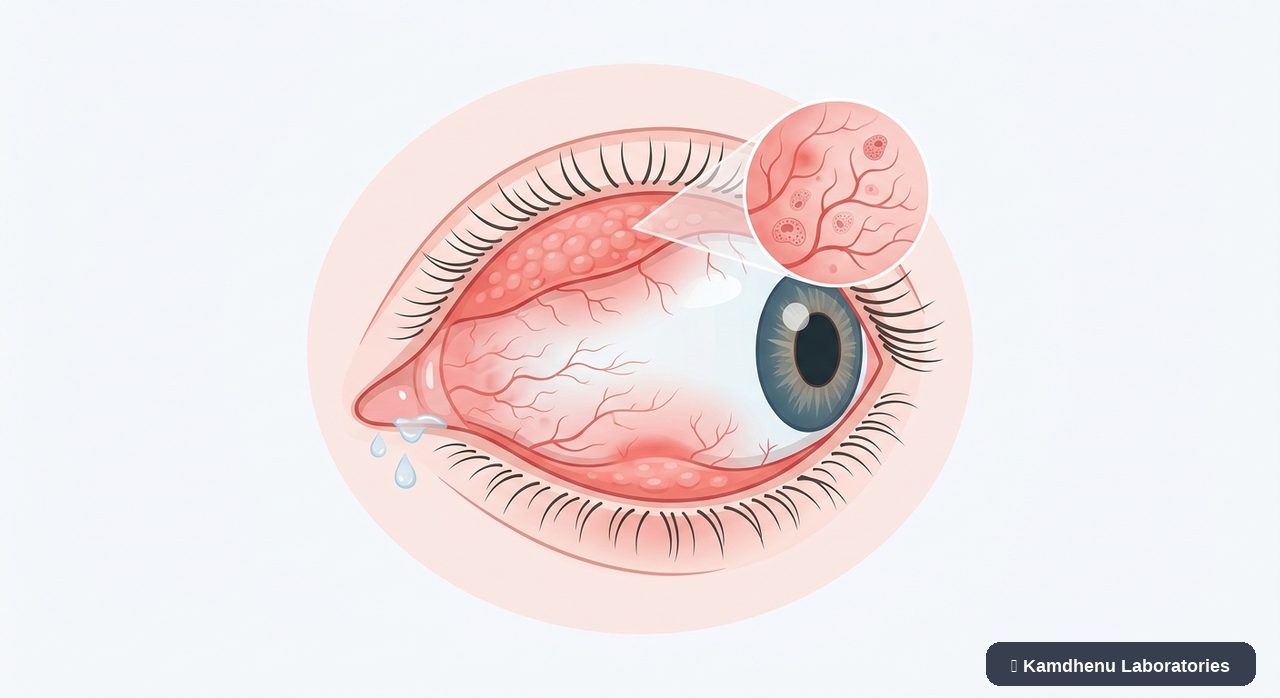 Editorial illustration representing Allergic conjunctivitis for the Kamdhenu Laboratories educational wellness blog.