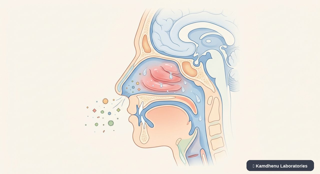 Editorial illustration representing Allergic rhinitis for the Kamdhenu Laboratories educational wellness blog.