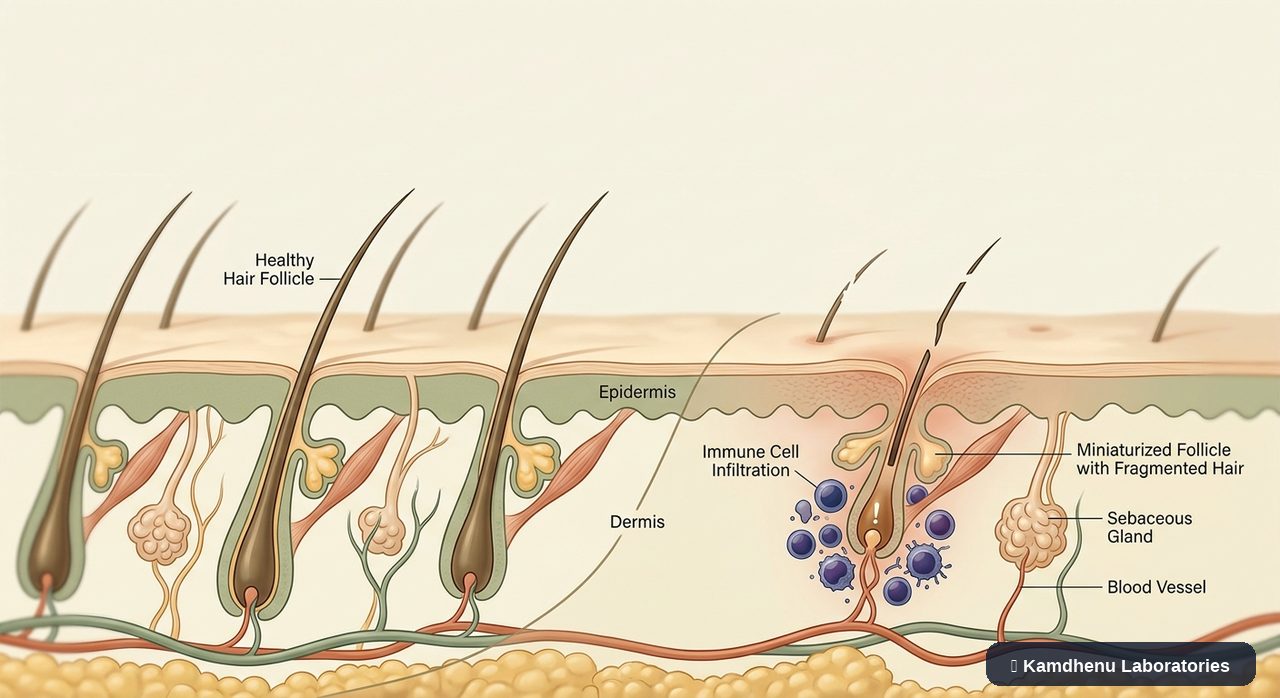 Editorial illustration representing Alopecia areata for the Kamdhenu Laboratories educational wellness blog.