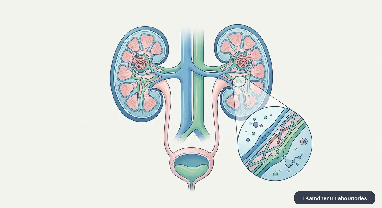 Editorial illustration representing Alport syndrome for the Kamdhenu Laboratories educational wellness blog.