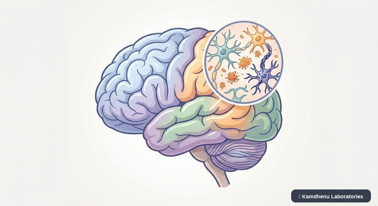 Editorial illustration representing Alzheimer's disease for the Kamdhenu Laboratories educational wellness blog.