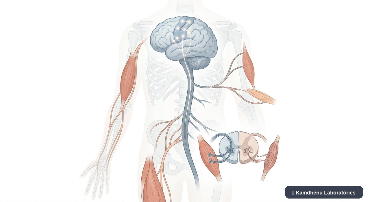 Editorial illustration representing Amyotrophic lateral sclerosis (ALS) for the Kamdhenu Laboratories educational wellness blog.