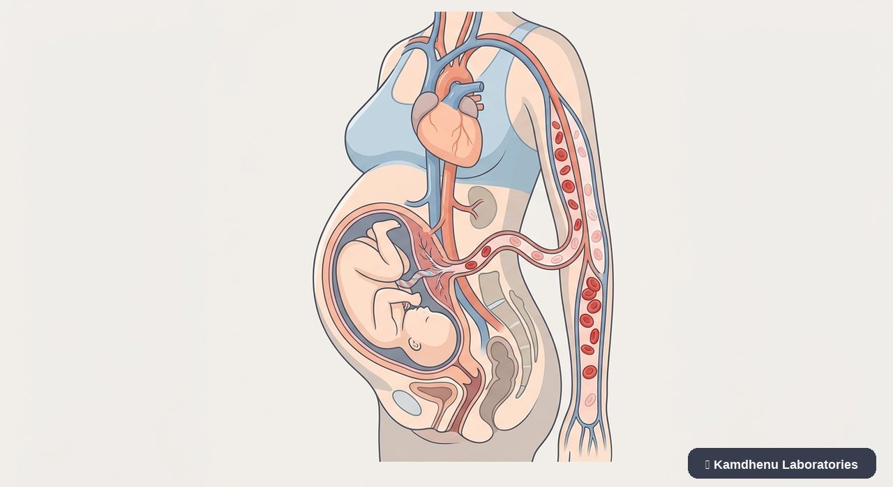 Editorial illustration representing Anaemia in pregnancy for the Kamdhenu Laboratories educational wellness blog.