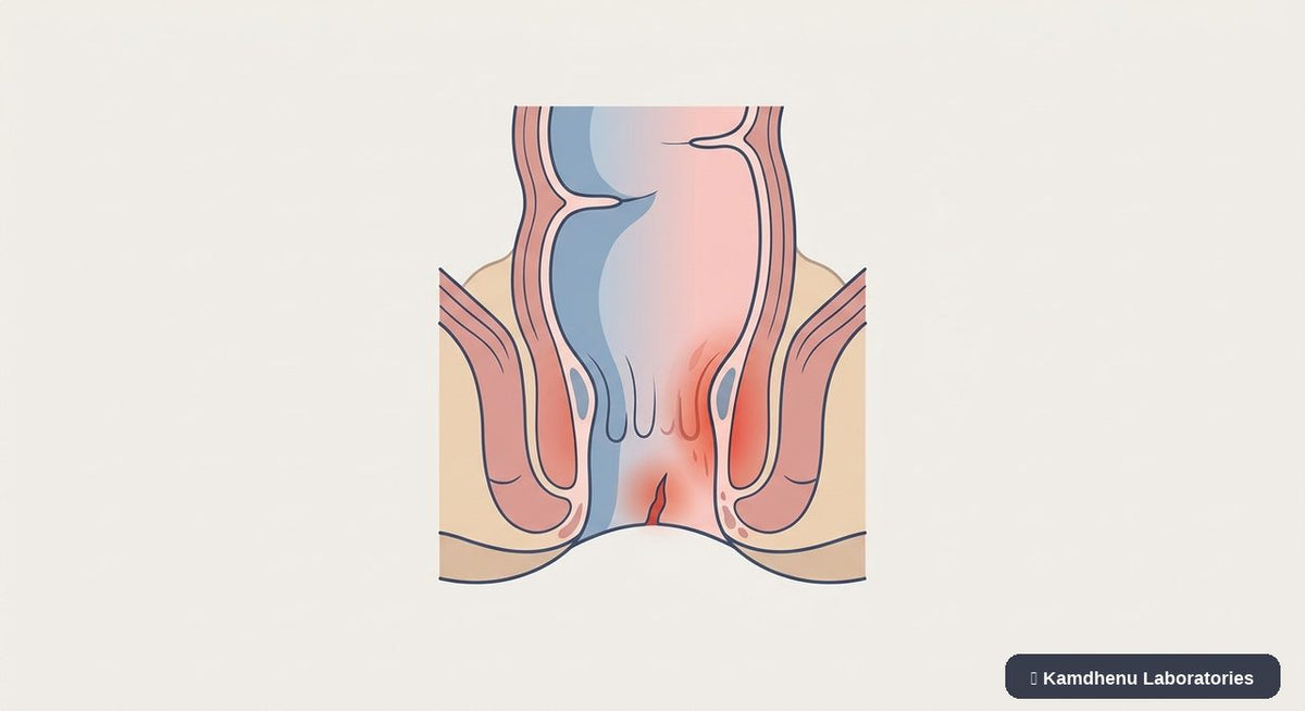 Editorial illustration representing Anal fissure for the Kamdhenu Laboratories educational wellness blog.