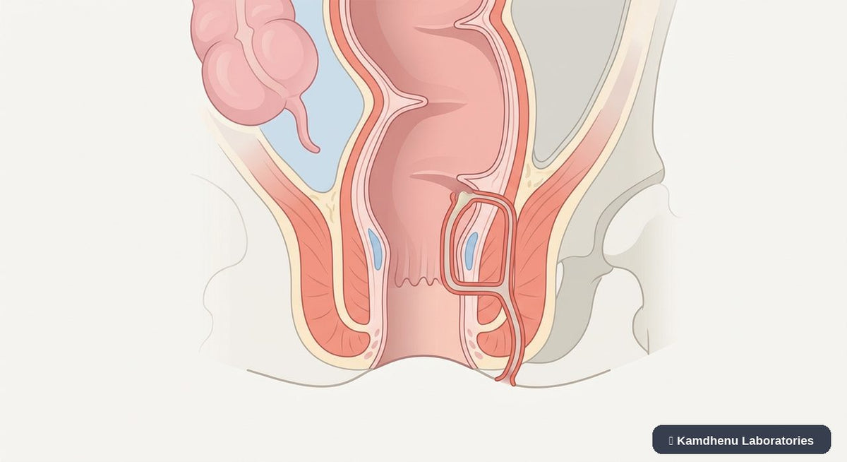 Editorial illustration representing Anal fistula for the Kamdhenu Laboratories educational wellness blog.