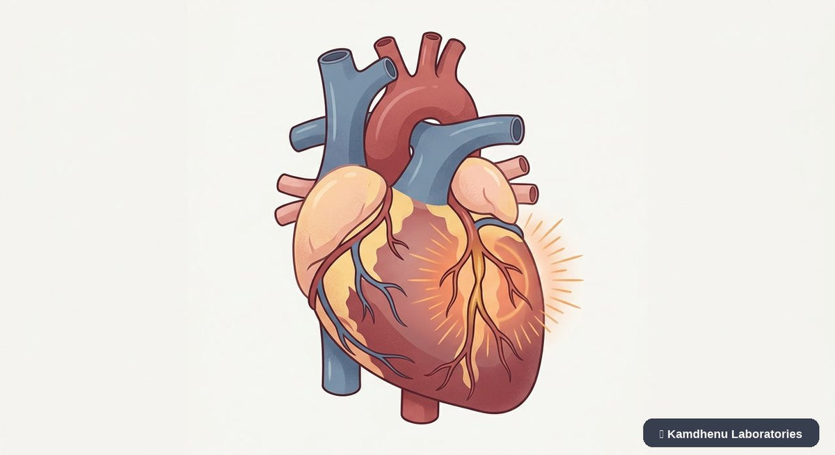 Editorial illustration representing Angina for the Kamdhenu Laboratories educational wellness blog.