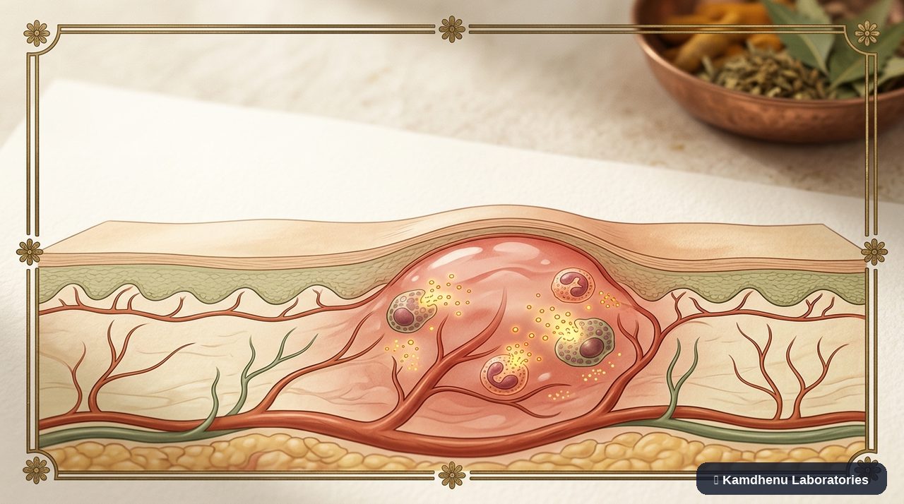 Editorial illustration representing Angioedema for the Kamdhenu Laboratories educational wellness blog.