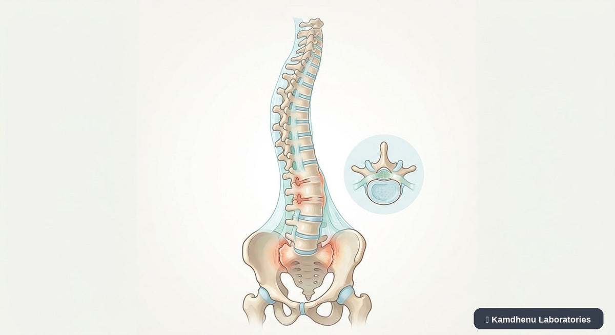 Editorial illustration representing Ankylosing spondylitis for the Kamdhenu Laboratories educational wellness blog.