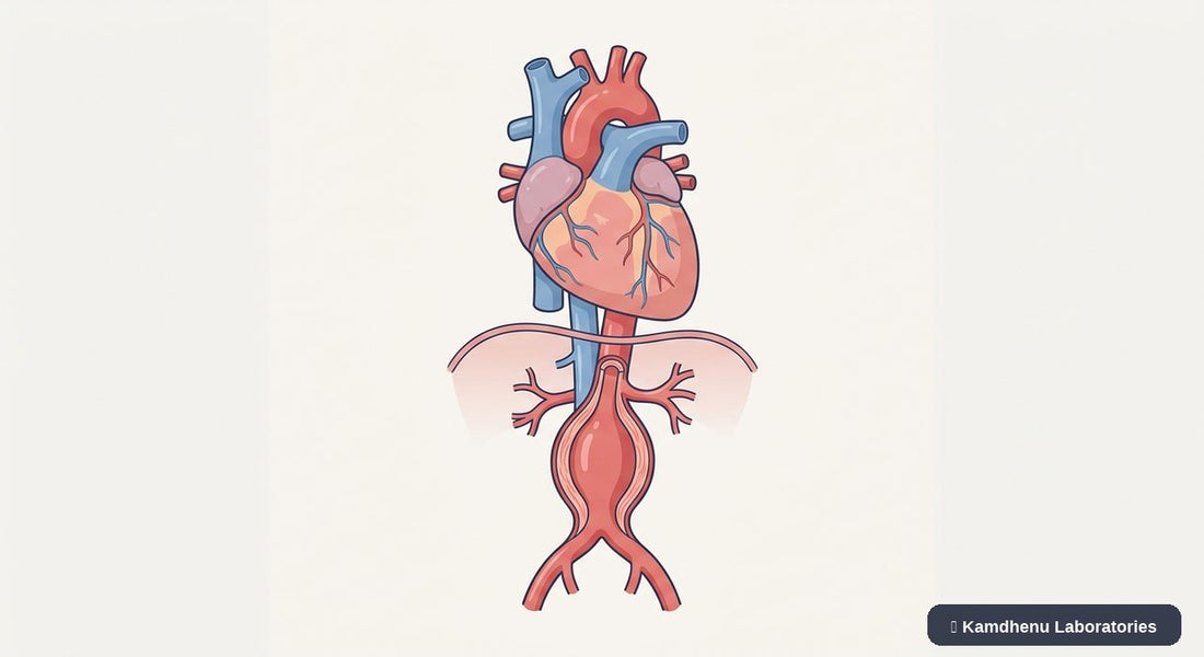 Editorial illustration representing Aortic aneurysm for the Kamdhenu Laboratories educational wellness blog.