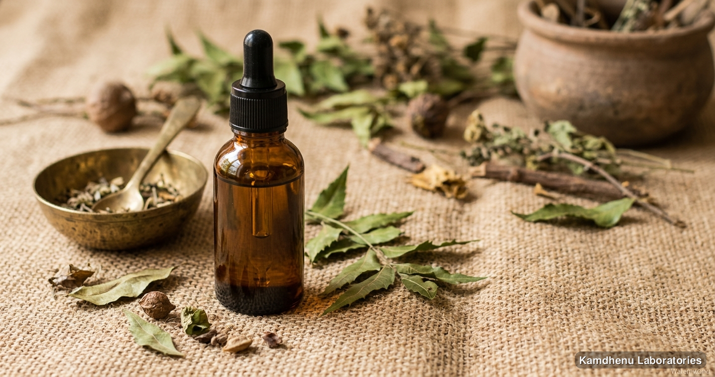 Ayurvedic oil — Apoorva Tailam, photographed in a wellness setting