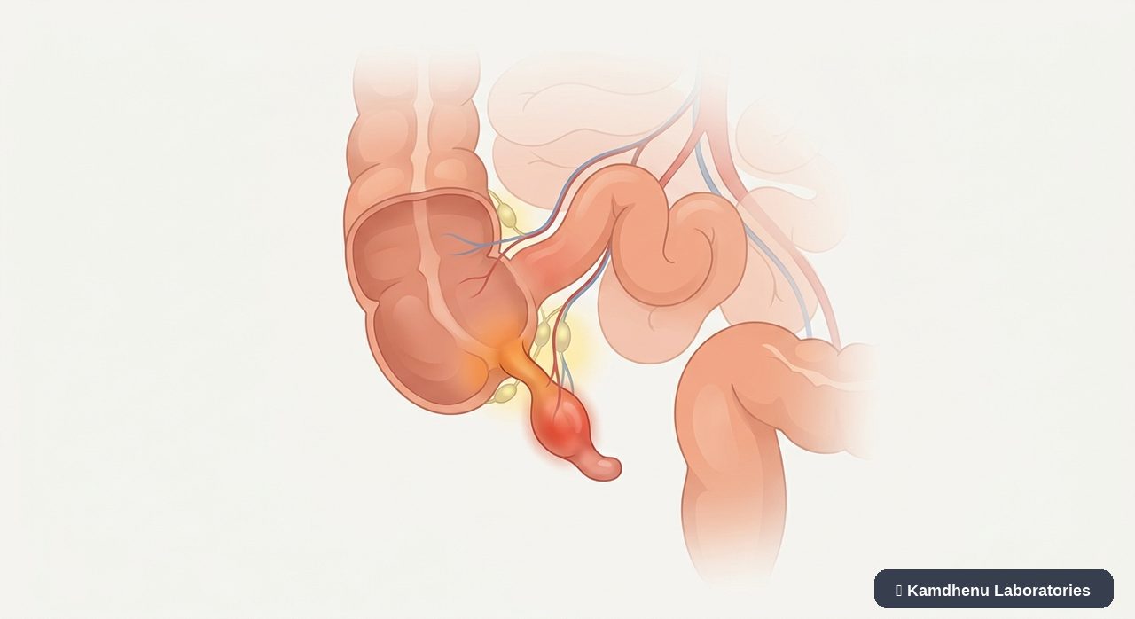 Editorial illustration representing Appendicitis for the Kamdhenu Laboratories educational wellness blog.