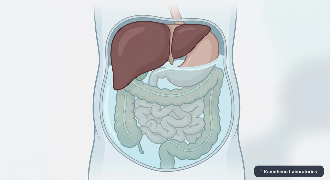 Editorial illustration representing Ascites for the Kamdhenu Laboratories educational wellness blog.