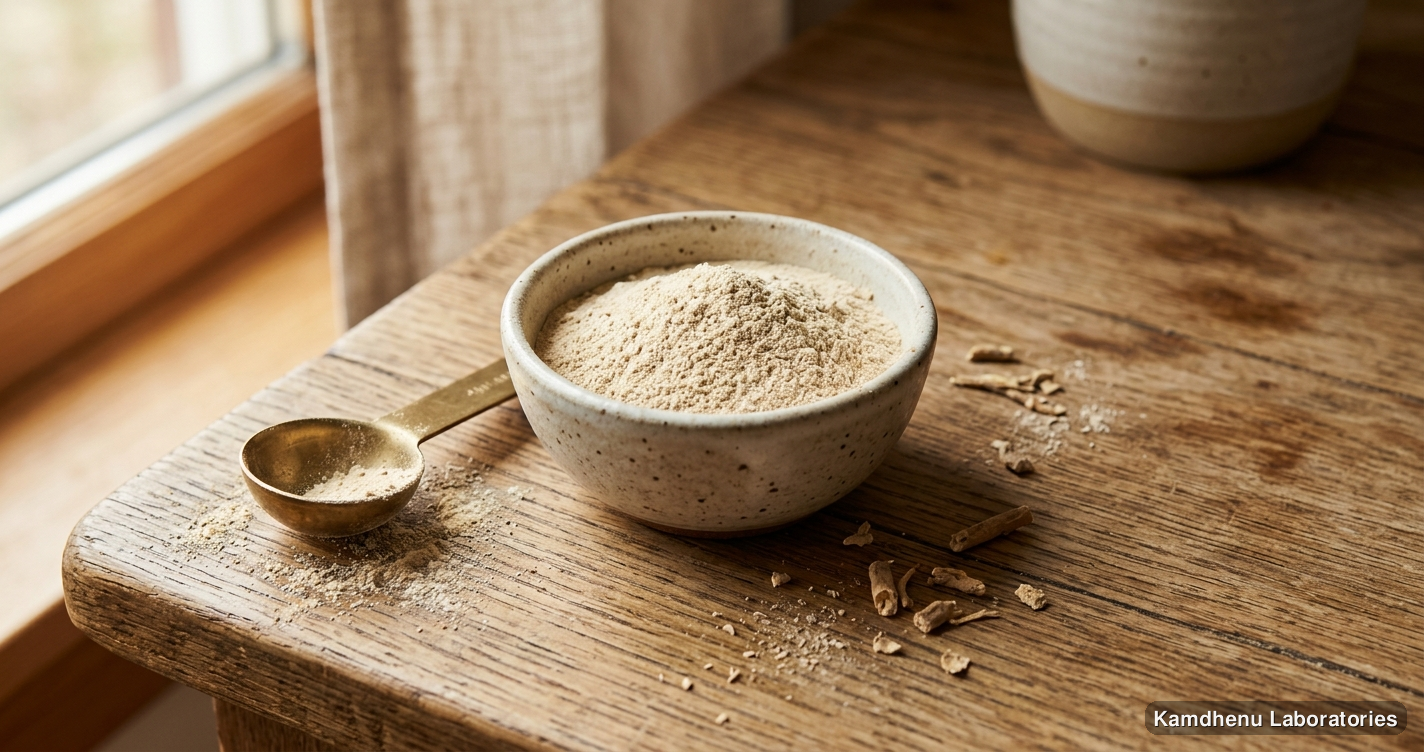 Ayurvedic powder — Ashwagandha Churna 100g featuring ashwagandha, photographed in a wellness setting
