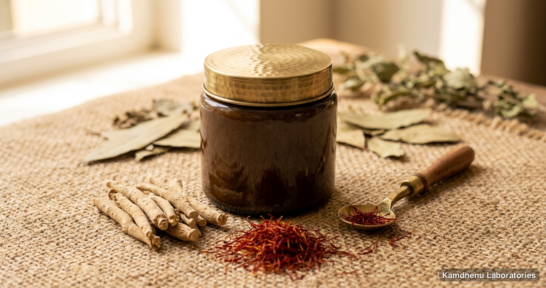 Ayurvedic product — Ashwagandha Pak | 200GM featuring ashwagandha, kesar, photographed in a wellness setting