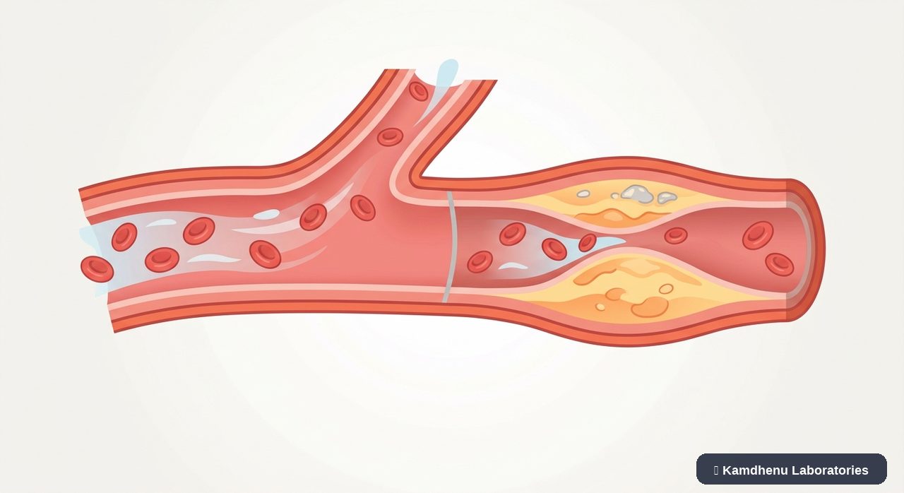 Editorial illustration representing Atherosclerosis for the Kamdhenu Laboratories educational wellness blog.
