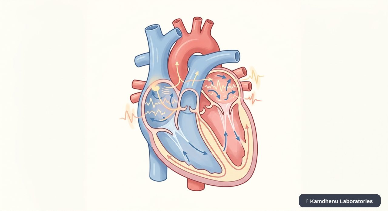 Editorial illustration representing Atrial fibrillation for the Kamdhenu Laboratories educational wellness blog.