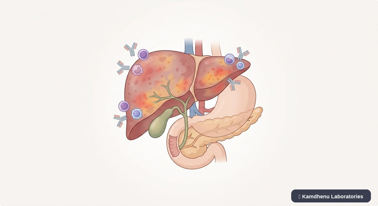 Editorial illustration representing Autoimmune hepatitis for the Kamdhenu Laboratories educational wellness blog.