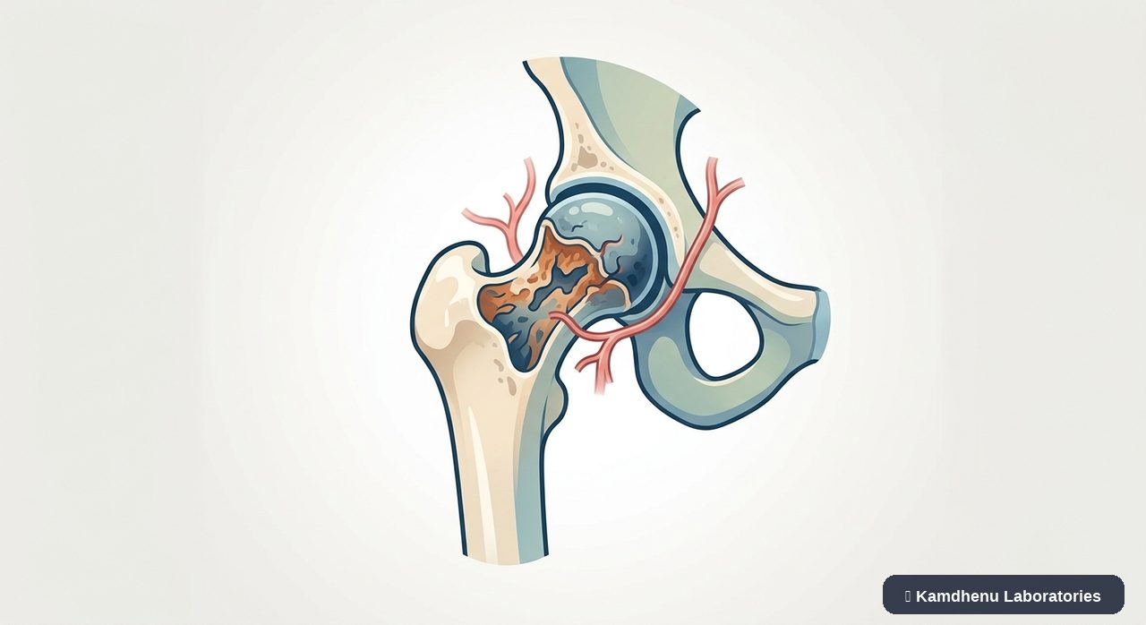 Editorial illustration representing Avascular necrosis for the Kamdhenu Laboratories educational wellness blog.