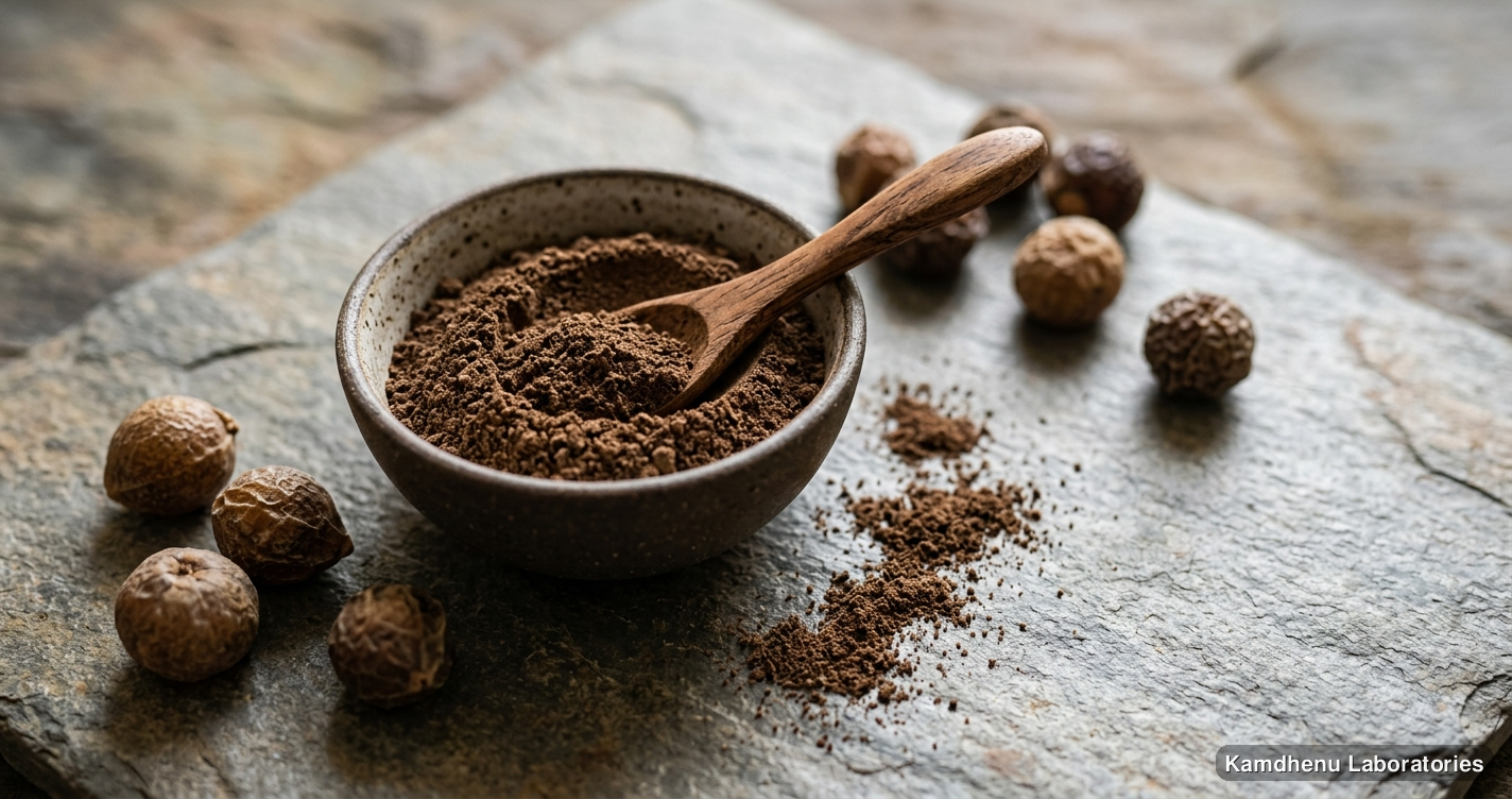 Ayurvedic powder — Awala Reetha and Shikakai Powder (Large) featuring amla, photographed in a wellness setting