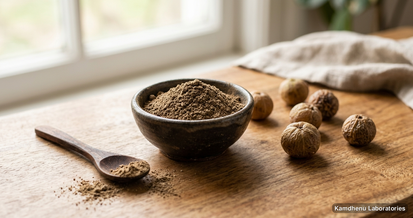 Ayurvedic powder — Awala Reetha Shikakai Powder (Small) featuring amla, photographed in a wellness setting