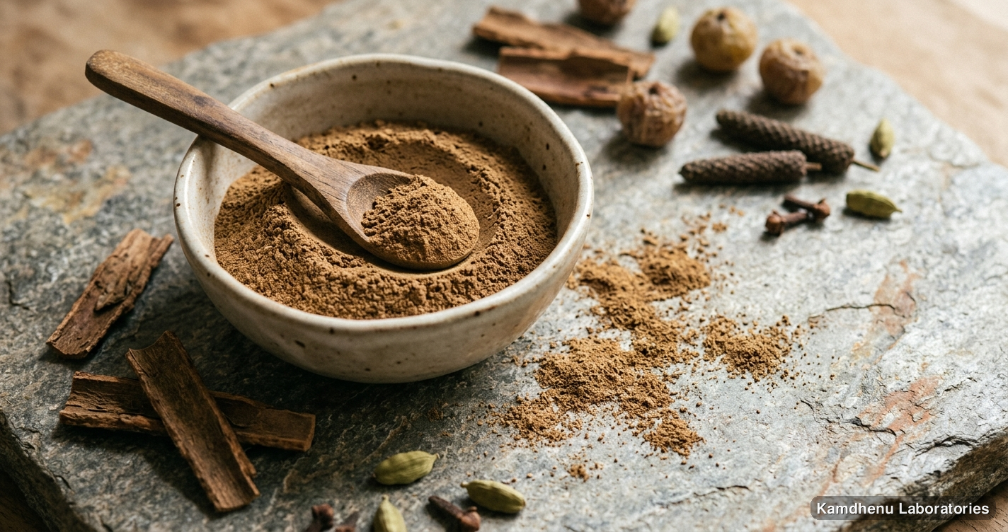 Ayurvedic powder — Babool Chhal  ( Acacia arabica ) Powder, photographed in a wellness setting