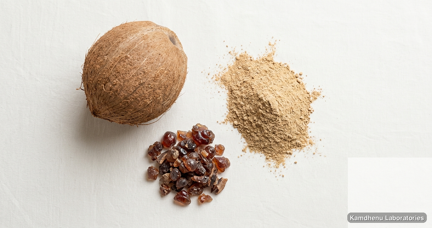 Babool Gum ( Babool Gond )  Kiker-Kikar Powder (250 g) — Ayurvedic powder containing coconut. Clean product photograph on a soft light background.