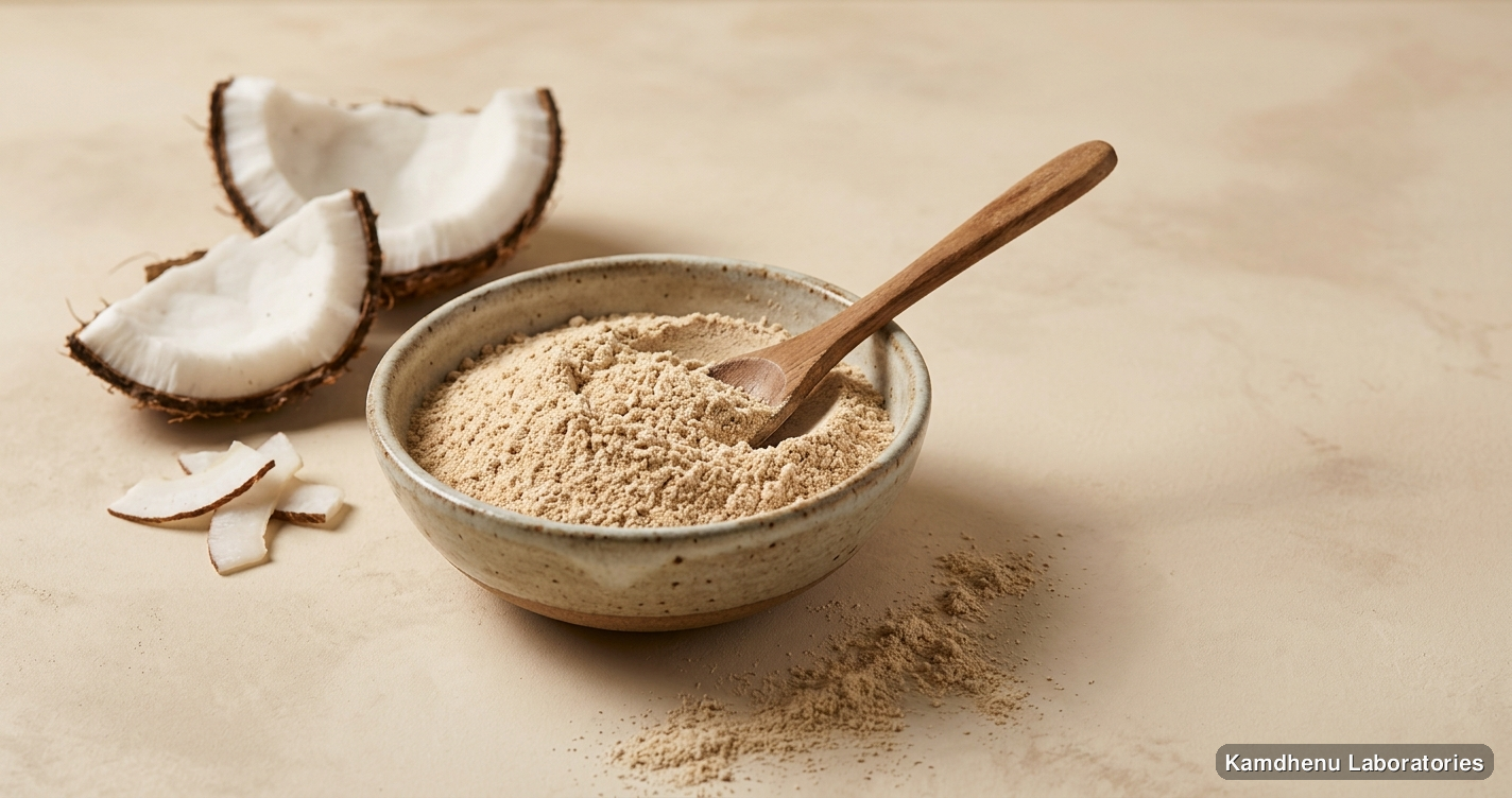 Ayurvedic powder — Babool Gum ( Babool Gond )  Kiker-Kikar Powder (250 g) featuring coconut, photographed in a wellness setting
