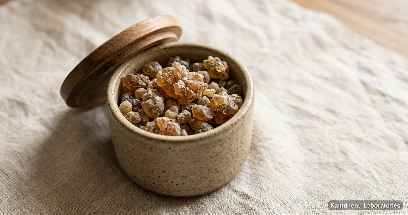 Ayurvedic product — Babool Gum Sabut (400 g), photographed in a wellness setting