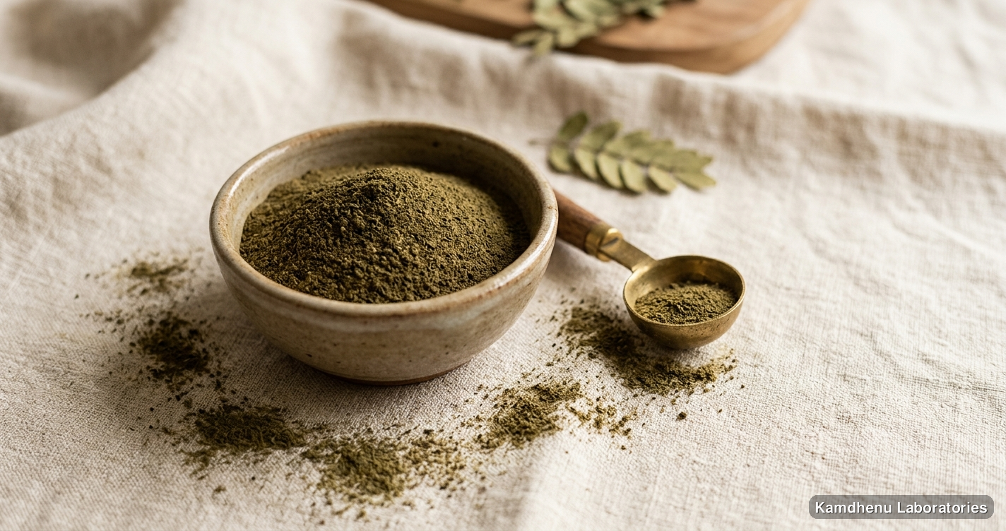 Ayurvedic powder — Babool Patti ( Acacia arabica ) leaves Powder, photographed in a wellness setting