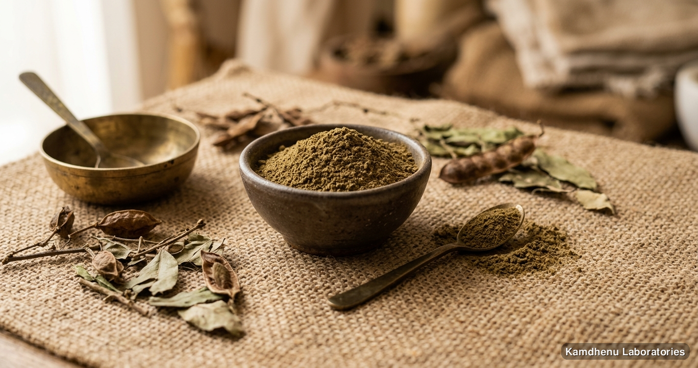 Ayurvedic powder — Babool Phali Powder — 250 GM, photographed in a wellness setting